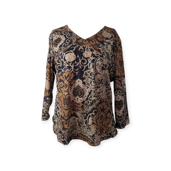 90's Stretch Mesh V-Neck Top ~ Eclectic Victorian Scrollwork Collage - Picture 1 of 8